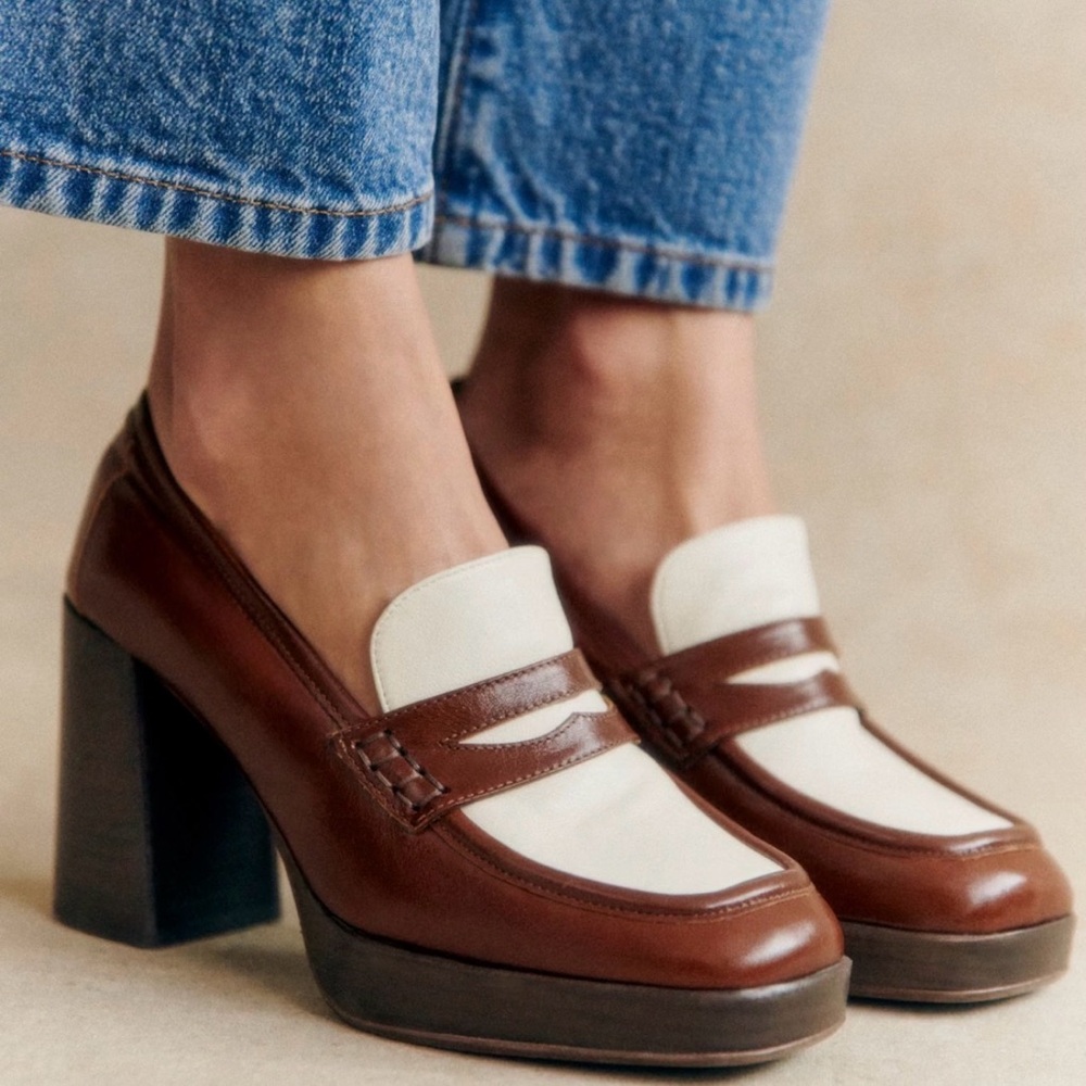 Sezane Brown and Cream Heeled Loafers